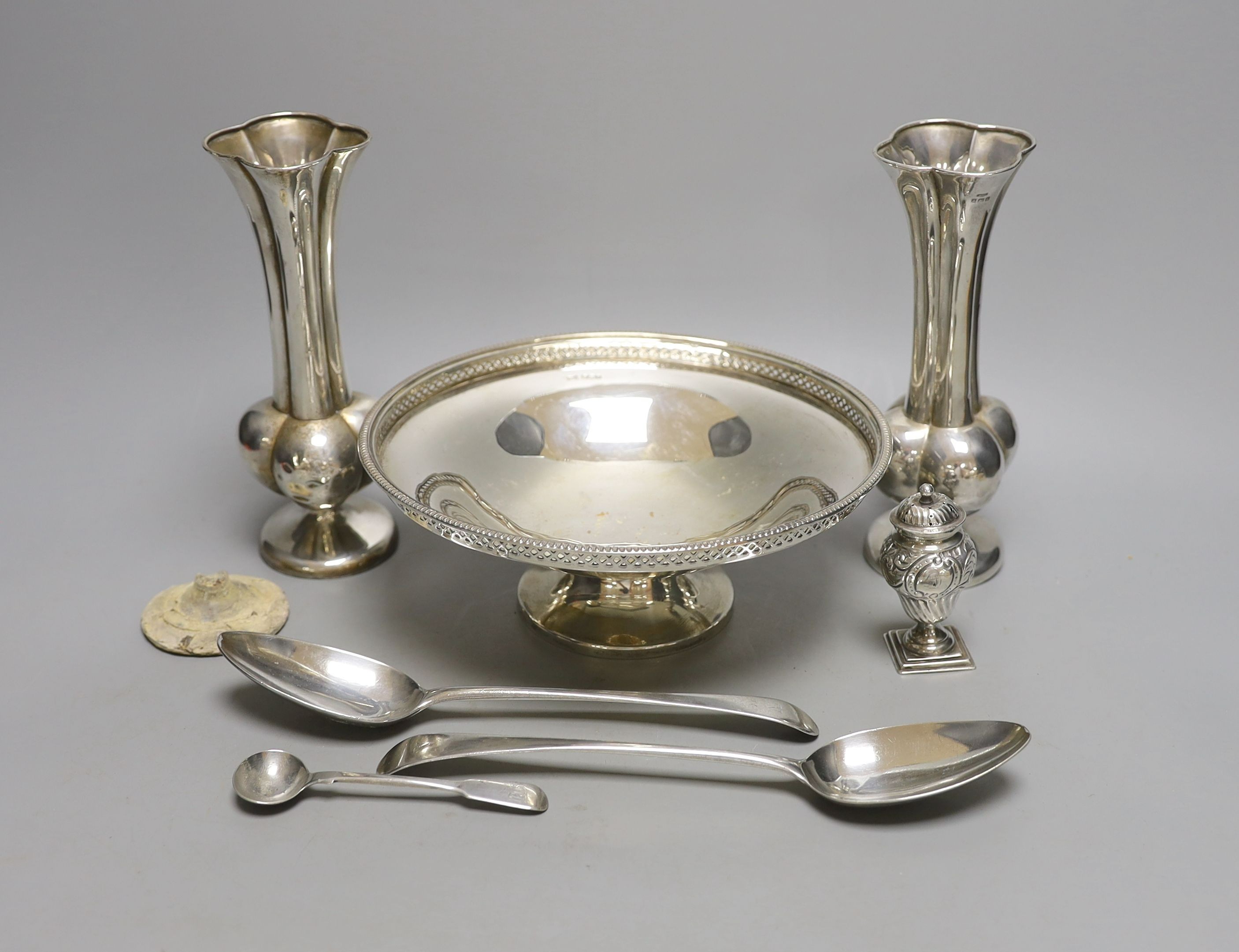 A George V silver bowl, by Walker & Hall, a pair of vases, pair of George III silver table spoons, one other spoon and a pepperette.